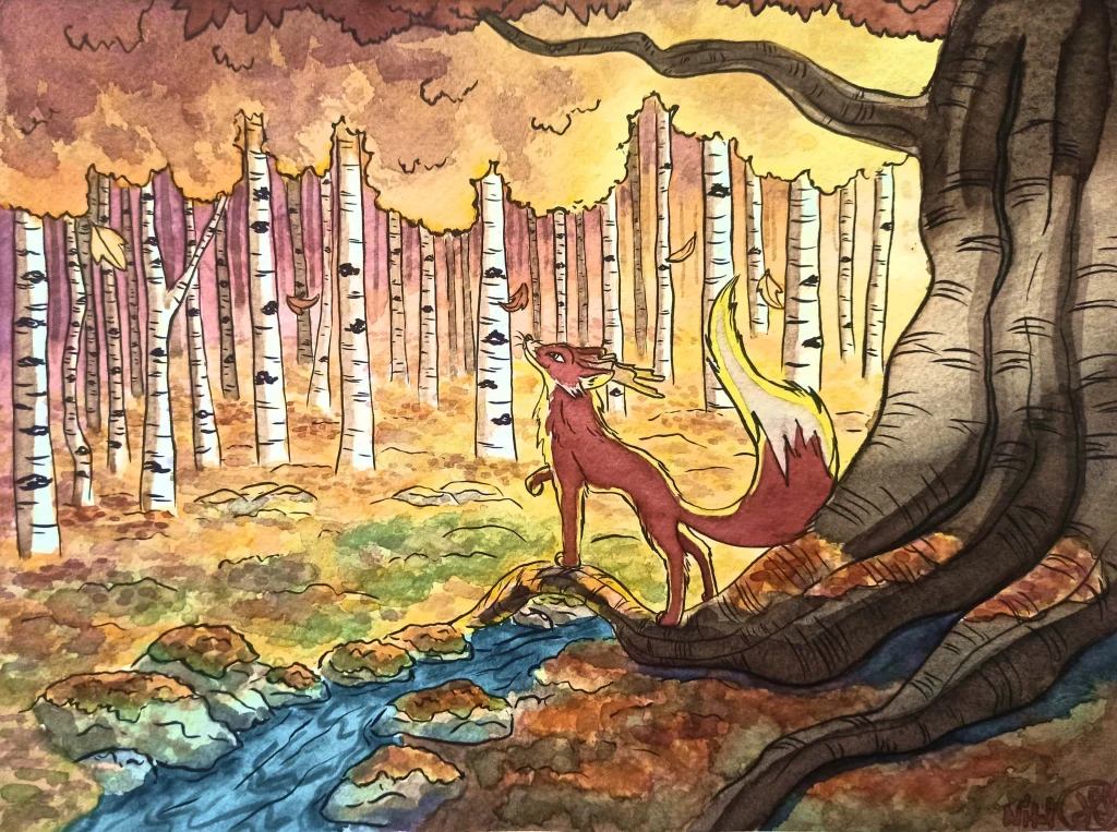 renard automne illustration commande sur demande forêt arbre jaune brun vert