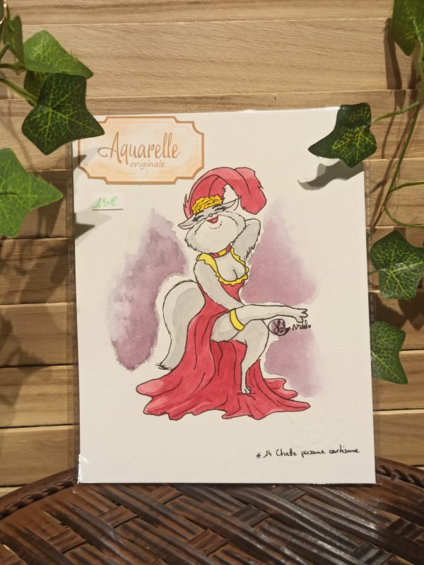 Chatte persane courtisane (aquarelle originale)