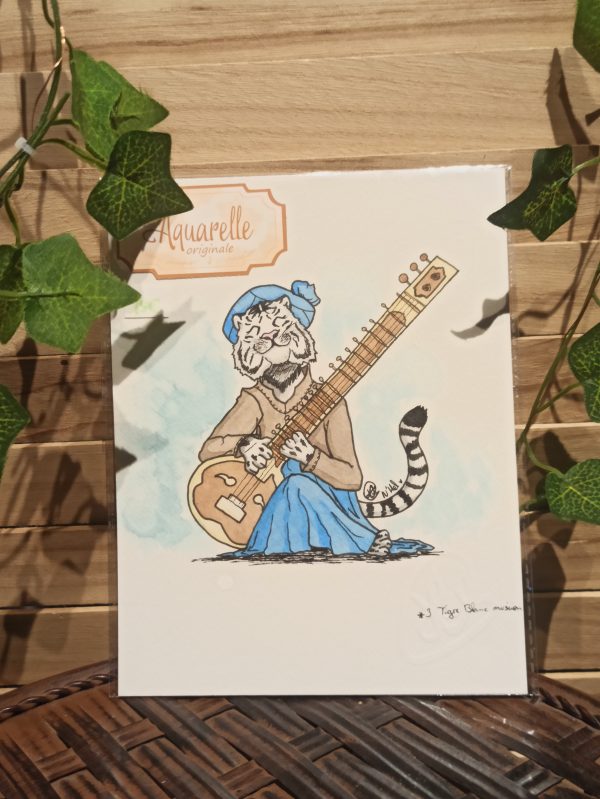 Tigre blanc musicien (aquarelle originale)