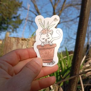 Autocollant - chat pot de fleurs